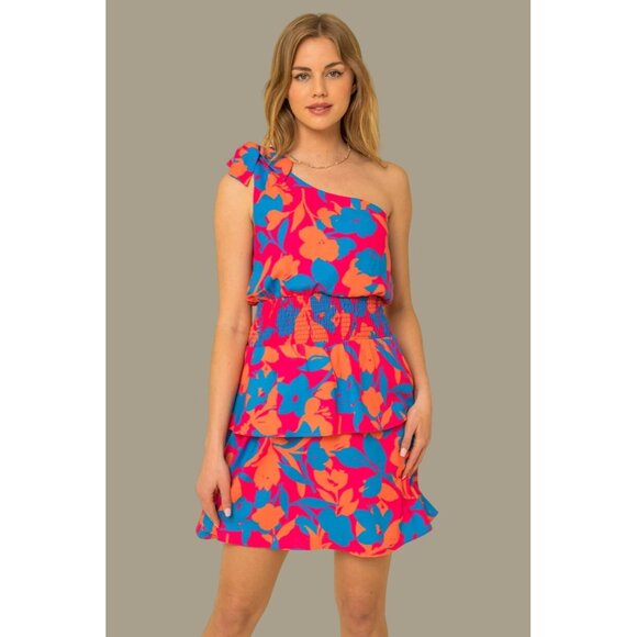 Gilli Pink, Orange and Blue Floral One Shoulder Smocked Tiered Dress Size 3X NWT - Picture 9 of 11